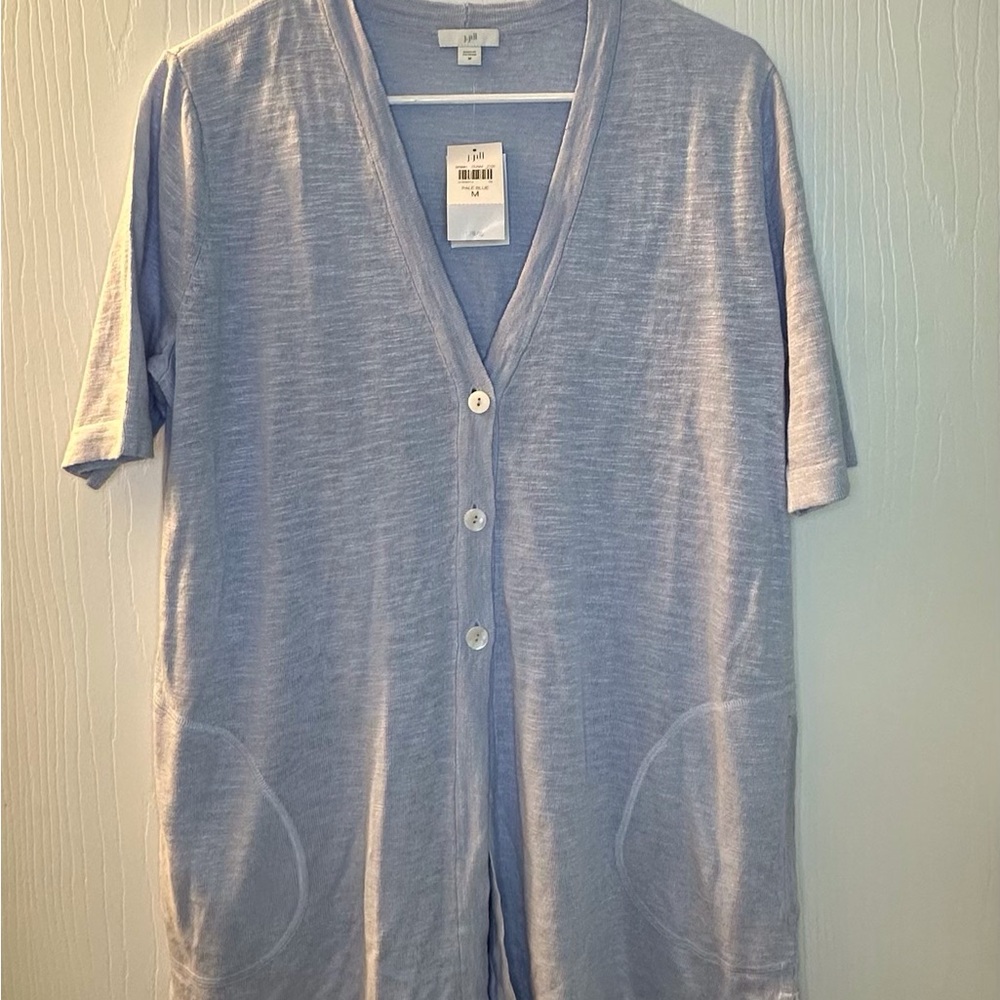 NWT J. Jill pale‎ blue 3/4 sleeve button up cardigan pockets women’s medium